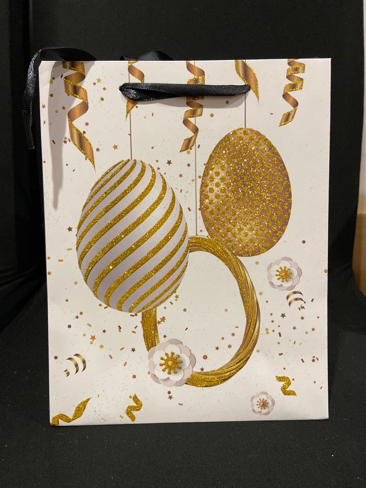 Easter Gift Bag - Gold Glitter Eggs/Streamers/Flowers - 23x18x8cm