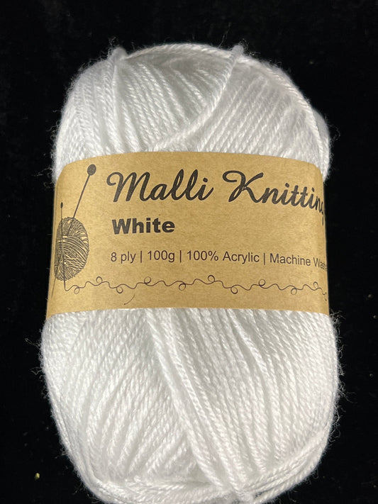 Malli Knitting Yarn - 8 Ply - White - 100g - 100% Acrylic