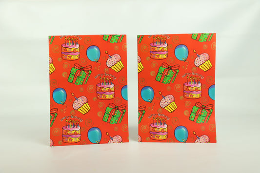 Wrapping Paper Sheets 2x Present/Cake/Balloon on Red Background Theme 70cm x 50cm